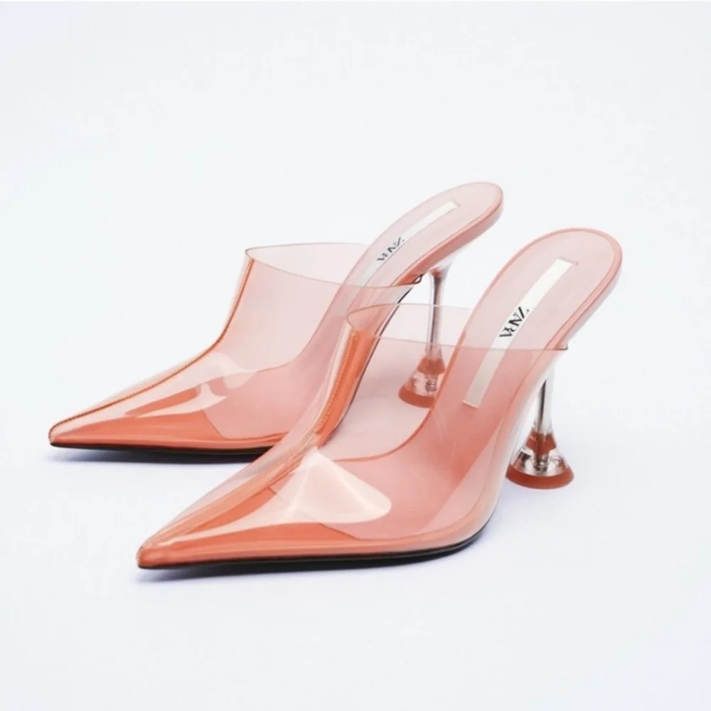 NWT ZARA HEELS CORAIL VINYL MULES POINTED TOE TRANSPARENT REF. 3838/810